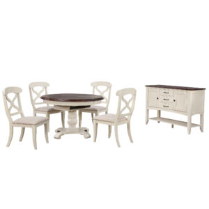 Andrews Butterfly Leaf Round Table with X Back Chairs & Server – Antique White & Chestnut (6 Piece Set)