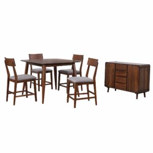 Counter Height Table Set w/Padded Performance Fabric Stools & Server – Mid Century (6 Piece)