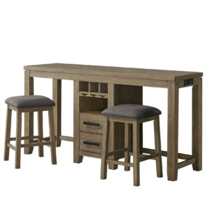Saunders 3PC Bar Console Table with Power Strip & Stools