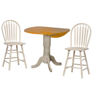 Round Drop Leaf Counter Table Set with Two Arrowback Stools – Antique White & Light Oak